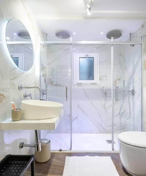 Combined shower/tub, hair dryer, bidet, towels