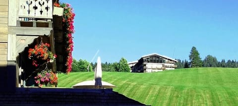 View of Le Grizzli and Studio Marg from Les Gets Village in summertime