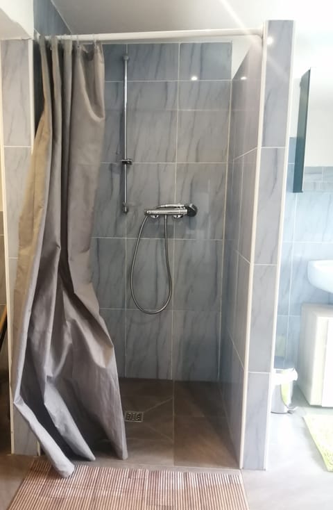 Combined shower/tub, hair dryer, soap, toilet paper