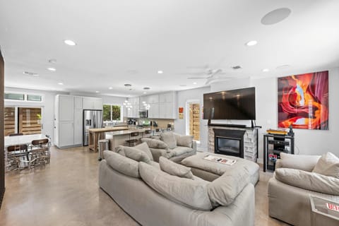 TV, fireplace, books, stereo