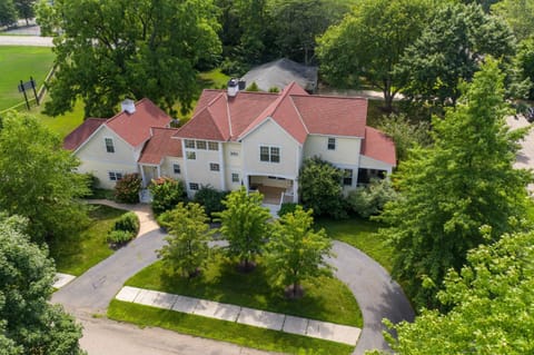 Aerial view of Saugatuck Modern Farmhouse - private setting, yet short walk to downtown Saugatuck