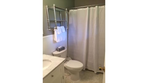 Combined shower/tub, hair dryer, towels, soap