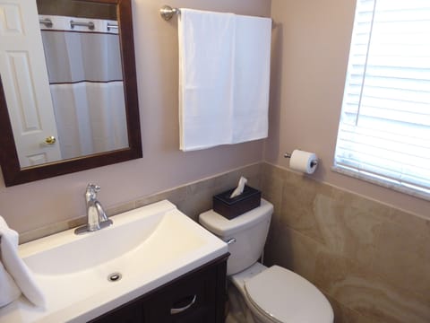 Combined shower/tub, hair dryer, towels, soap