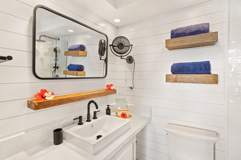 Combined shower/tub, hair dryer, towels, soap