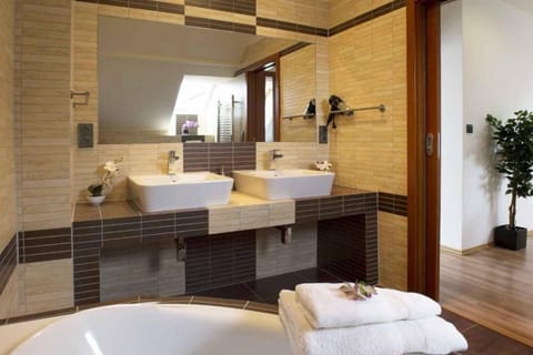 Combined shower/tub, hair dryer, towels