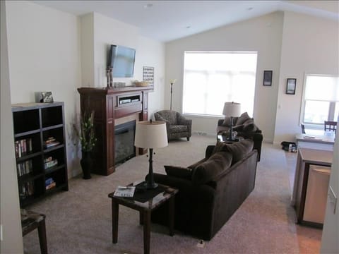 Smart TV, fireplace, DVD player, books