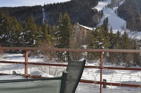 Our deck with deck furniture, and the ski mountain view.We love this view!
