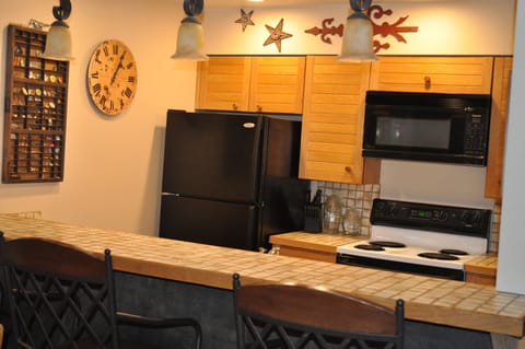 Kitchen and bar areas.