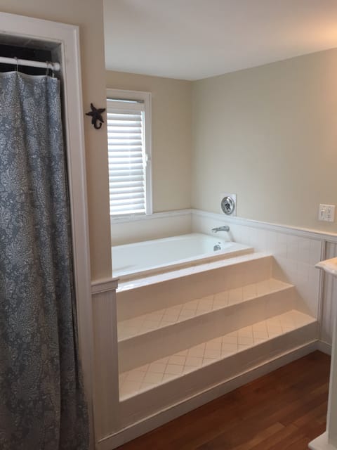 Bathtub, jetted tub, hair dryer, towels