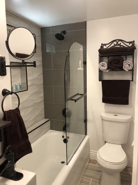 Combined shower/tub, hair dryer, towels, soap