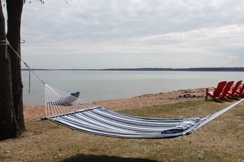 On the beach, sun loungers