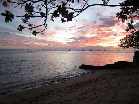 On the beach, sun loungers, beach towels