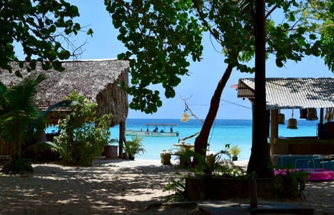 On the beach, sun loungers