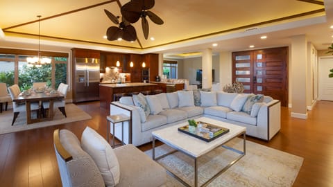 Everyone can relax on the large sectional in the living room.