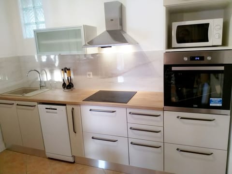 Fridge, microwave, dishwasher, cookware/dishes/utensils