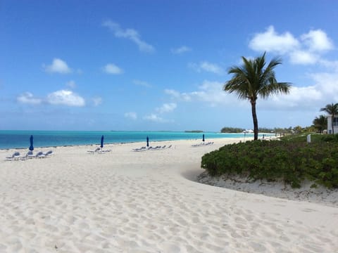 On the beach, sun loungers, beach towels