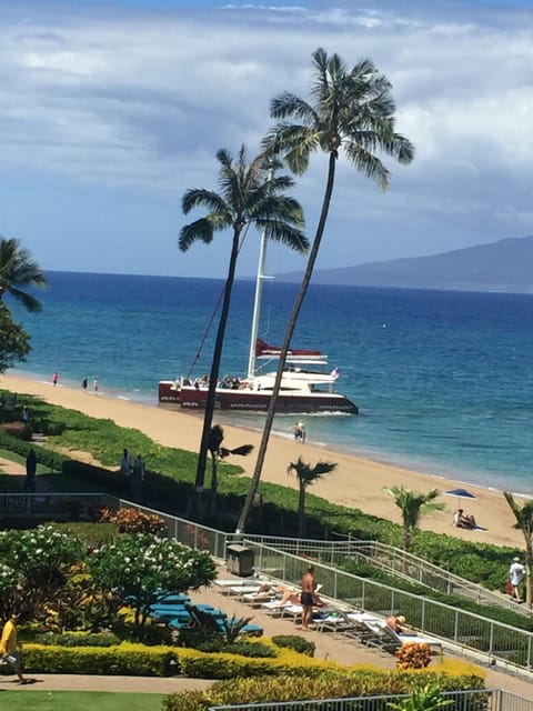 View of the Hula Girl catamaran and island of Lanai from our deck
