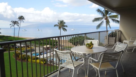 View of ocean, beach, island of Lanai from our huge deck