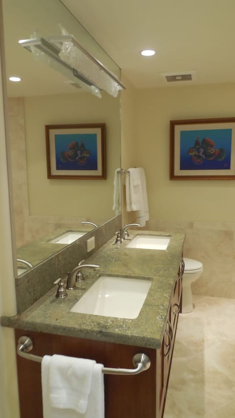 Master bath, newly remodeled granite, double sink, travertine floor