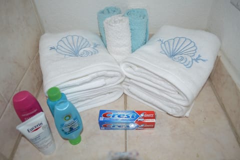 Hair dryer, towels, toilet paper