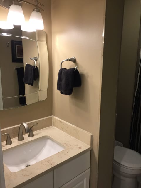 Combined shower/tub, hair dryer, towels, soap