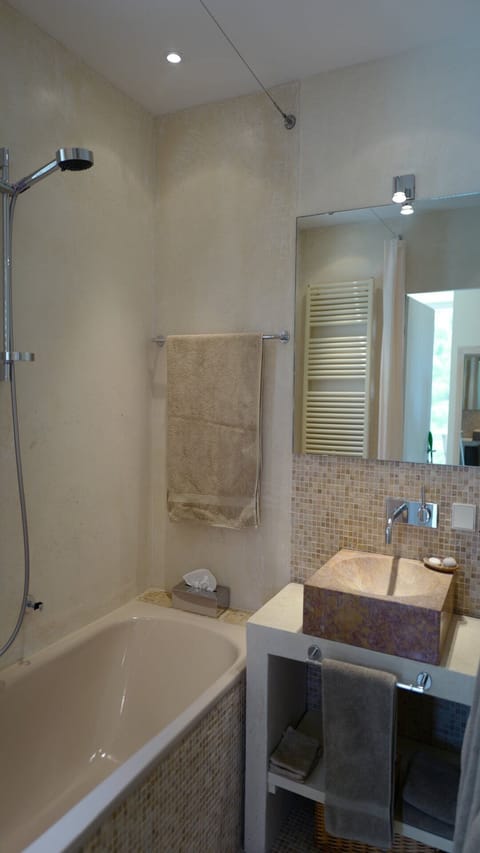 Combined shower/tub, hair dryer, bidet, towels