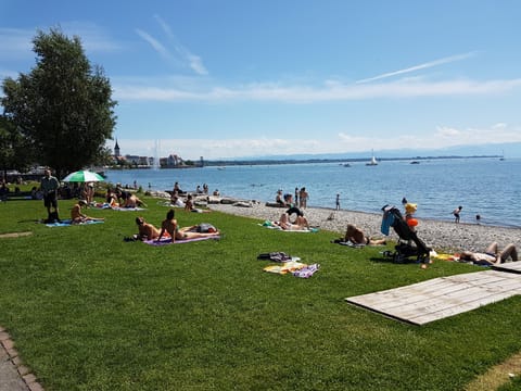 On the beach, sun loungers