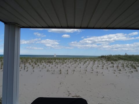 On the beach, sun loungers