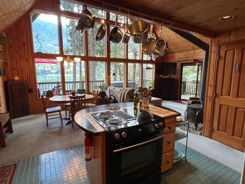 Kitchen island, looking out wall of windows.