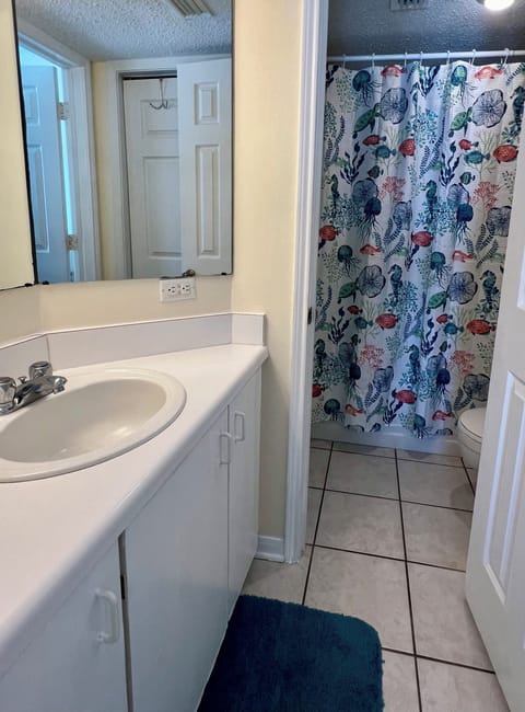 Combined shower/tub, hair dryer, towels, soap