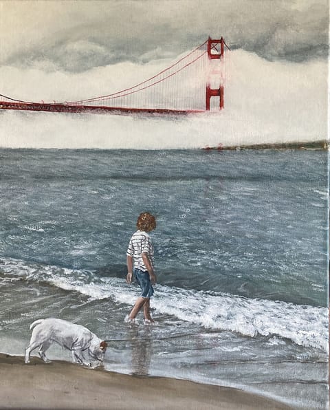 Painting of boy at Crissy Fields, San Francisco