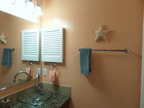 Combined shower/tub, hair dryer, towels