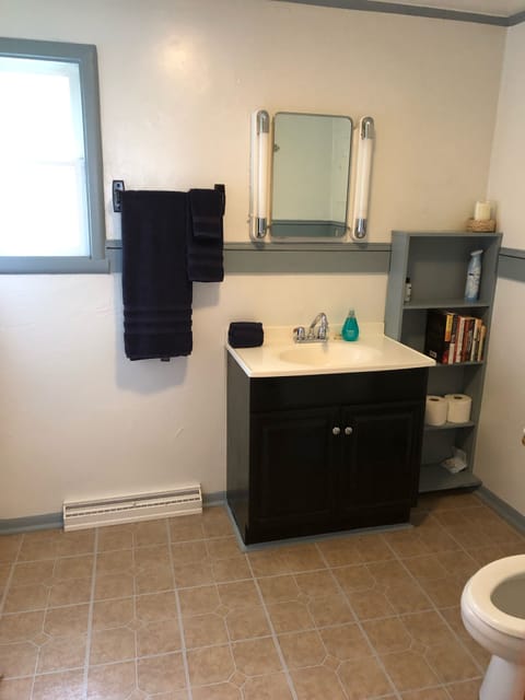 Combined shower/tub, hair dryer, towels, soap