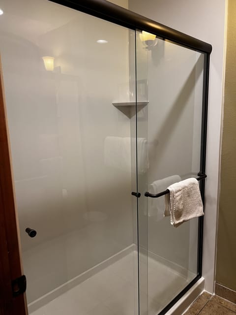 Combined shower/tub, hair dryer, towels, soap