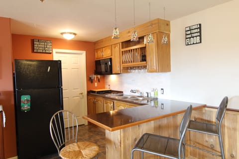 Kitchenette with bar seating, full fridge, 4-burner stove, counter-top oven