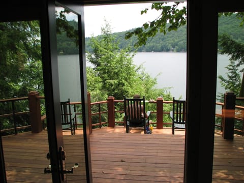 Looking out at the lake off two tiered deck