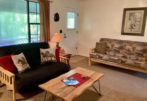 The cabin has a horse themed decor.