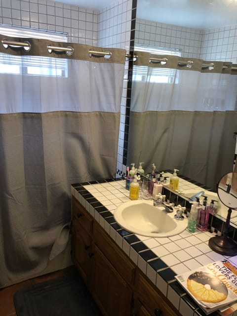 Combined shower/tub, hair dryer, towels, soap