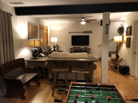 TV, DVD player, foosball, table tennis