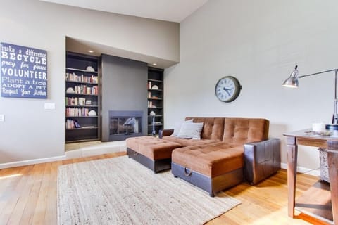 Flat-screen TV, fireplace, books