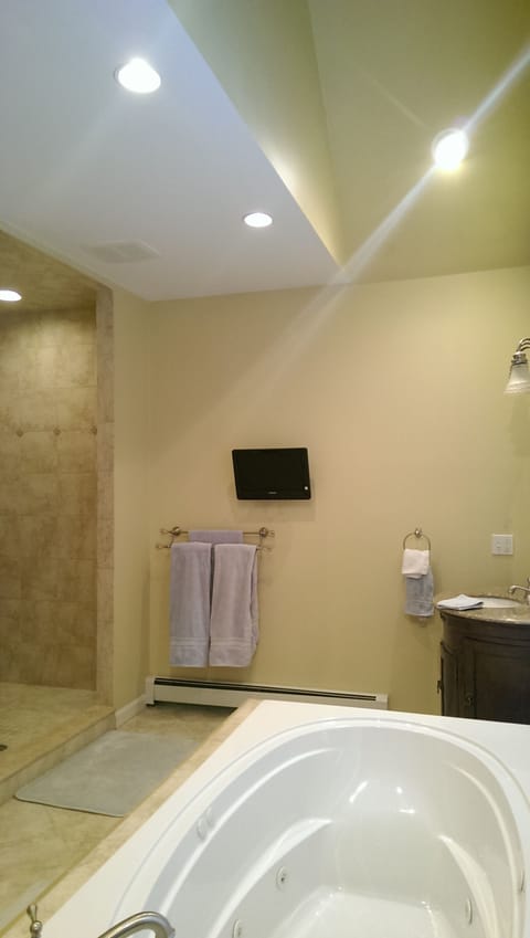 Bathtub, jetted tub, hair dryer, towels