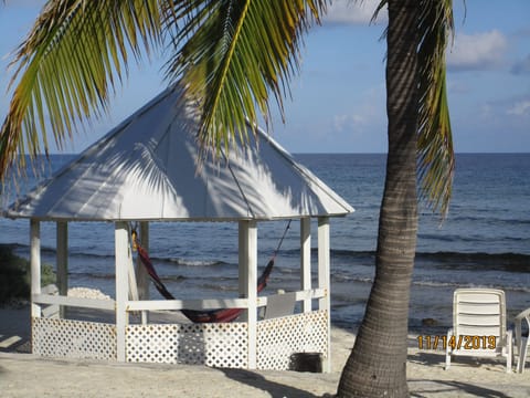 On the beach, sun loungers