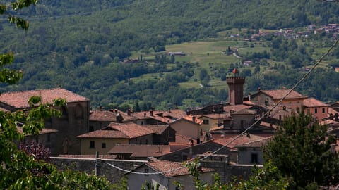 View to Castiglione village rooftops and tower