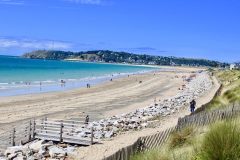 On the beach, sun loungers