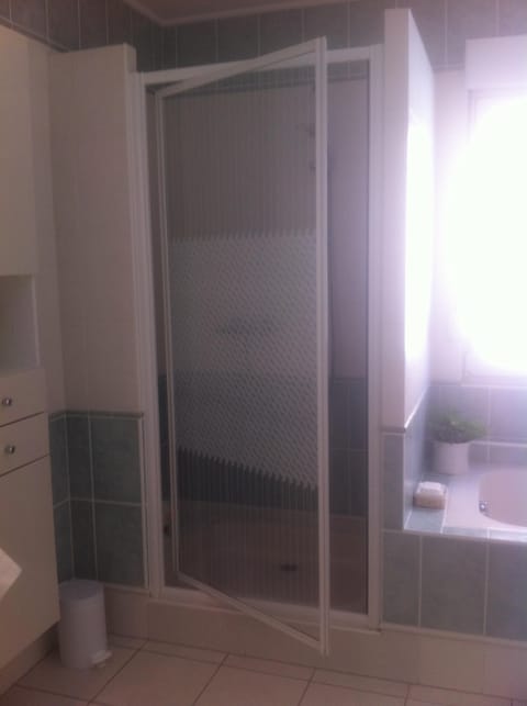 Combined shower/tub, hair dryer, towels, soap