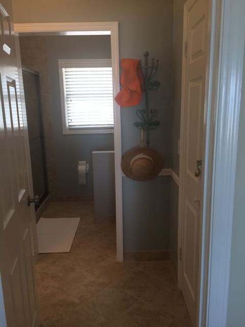 Combined shower/tub, hair dryer, towels, soap