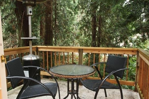 The Gingerbread cottage's upstairs deck has a serene view and a patio heater.