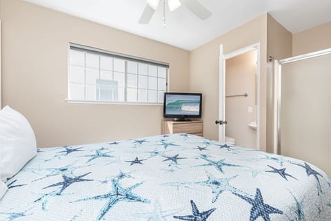 Small primary bedroom provides a Queen bed, TV, ceiling fan, and in-room bathroom and shower.