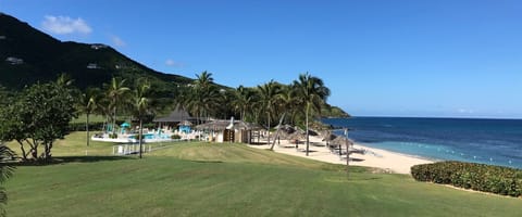 On the beach, sun loungers, beach towels