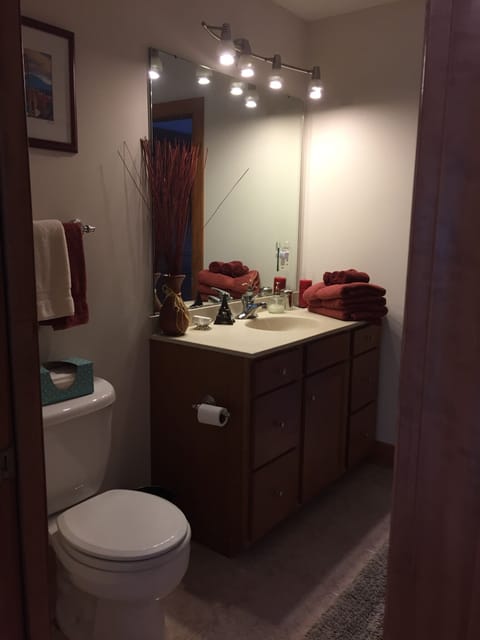 Combined shower/tub, jetted tub, towels, soap